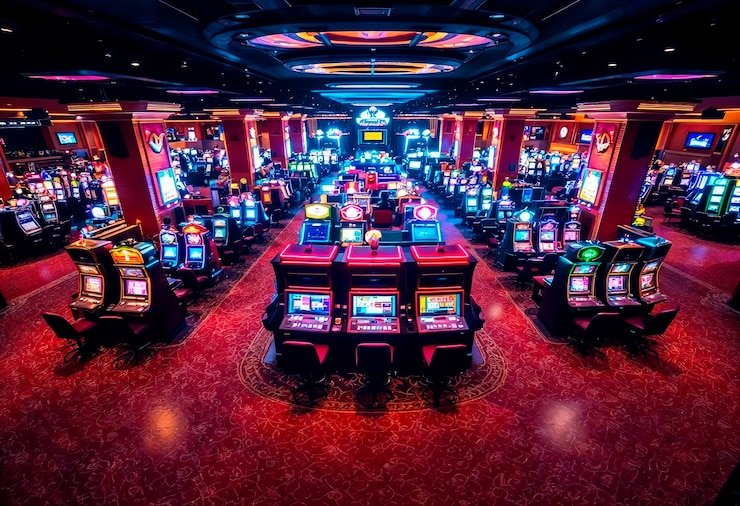 Slot games interface showing reels and stake controls